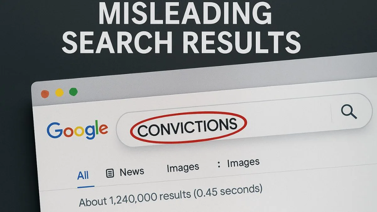 Screenshot-style graphic illustrating how search engine result pages SERPs can suggest misleading associations