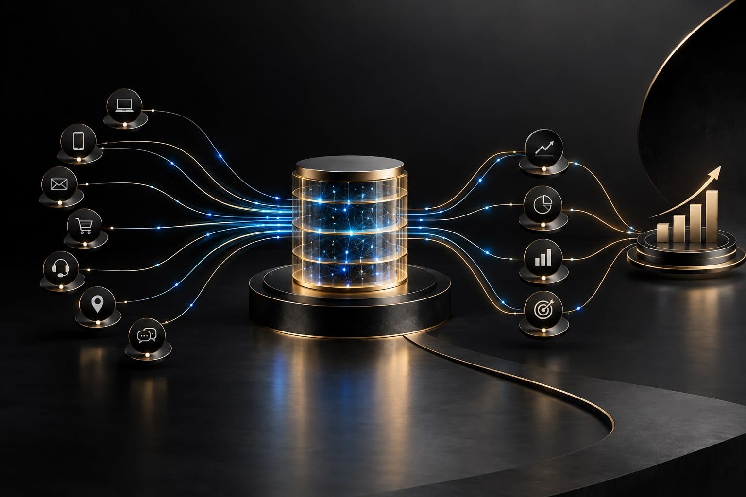 Οπτική απεικόνιση στρατηγικής δεδομένων πρώτου μέρους που συνδέει πελάτες, CRM, μέτρηση και επιχειρηματική ανάπτυξη