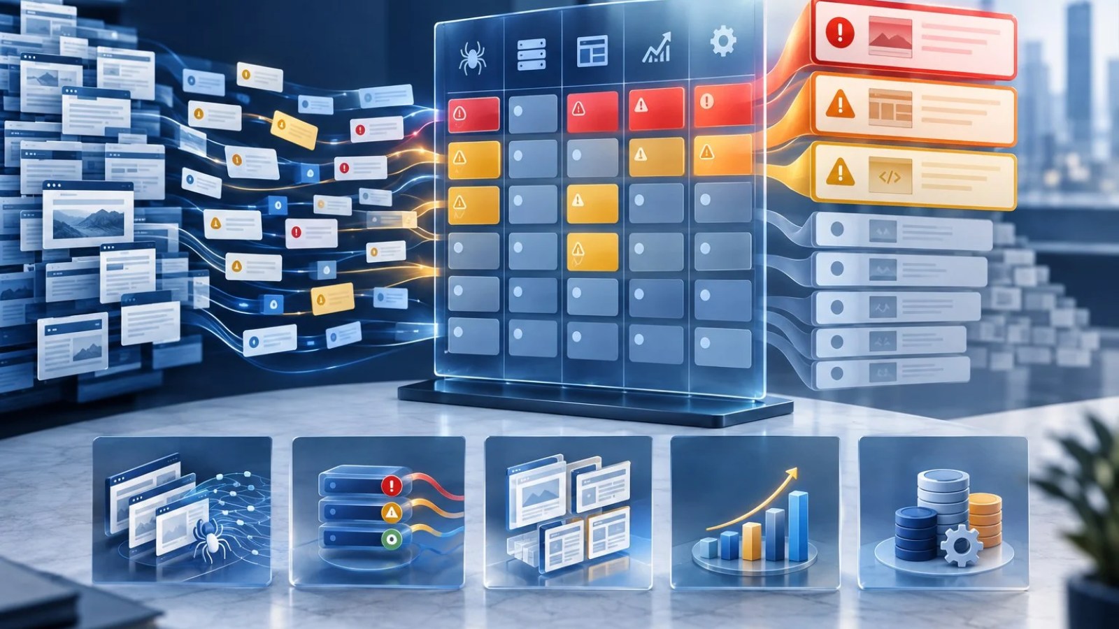 Πίνακας SEO audit που διαχωρίζει κρίσιμα τεχνικά ευρήματα από δευτερεύουσες ειδοποιήσεις.